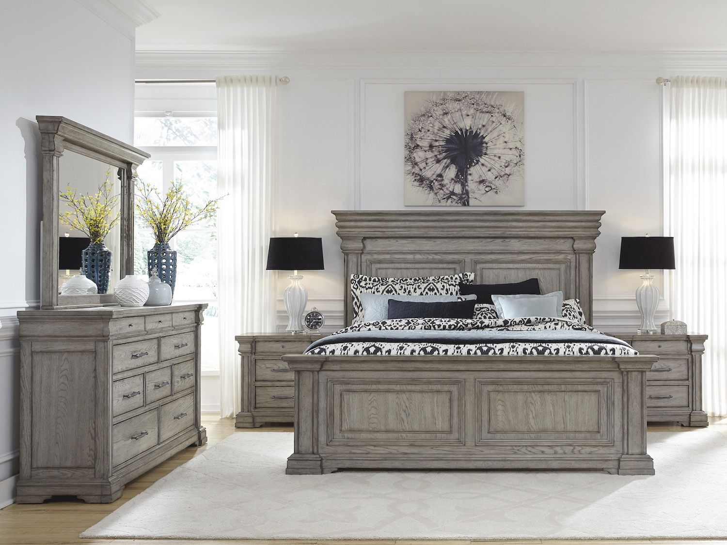 Pulaski Furniture Madison Ridge Trendy Bed Set In Light Finished Grey Wash with regard to Dean Sand Full Upholstered 4 Piece Bedroom Set With Madison White Ii Dresser Chest &amp; 2 Drawer Nightstand