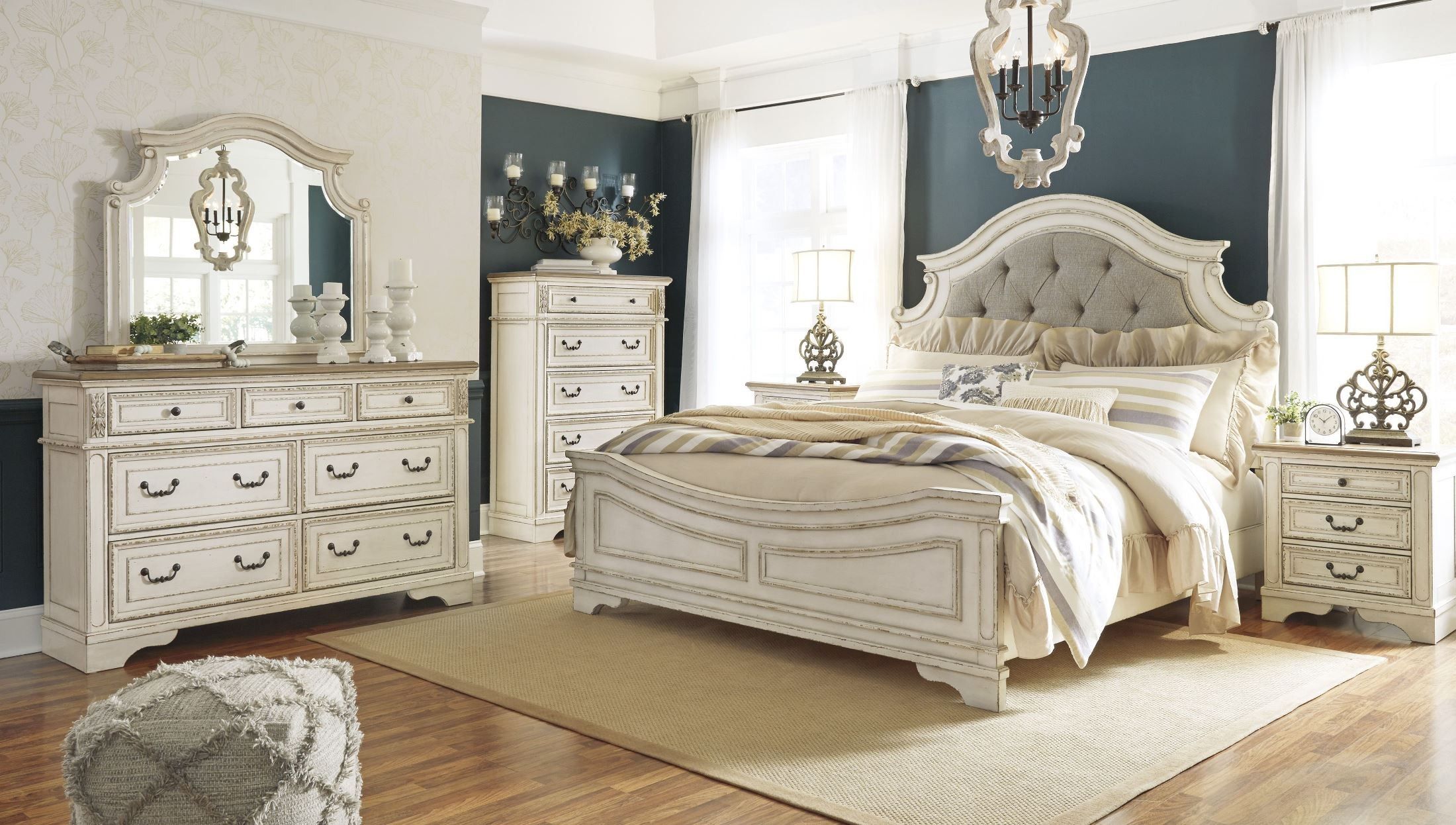 Realyn Chipped Two Tone Upholstered Panel Bedroom Set From Ashley ... for Voyage Natural King Wood &amp; Upholstered Canopy 3 Piece Bedroom Set With 2 2-Drawer Nightstands By Nate Berkus + Jeremiah Brent