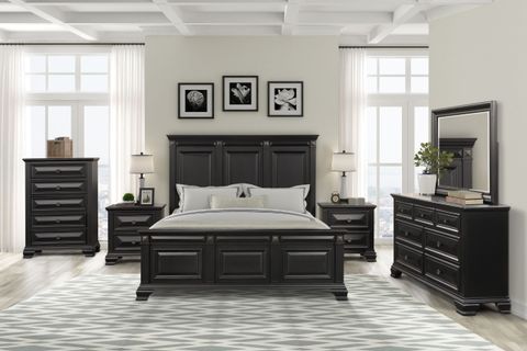 Renova Vintage Black Wood Bedroom Set, King Panel Bed, Dresser, Mirror ... intended for Malloy Grey King Wood & Upholstered 4 Piece Bedroom Set With Dresser Mirror & Nightstand