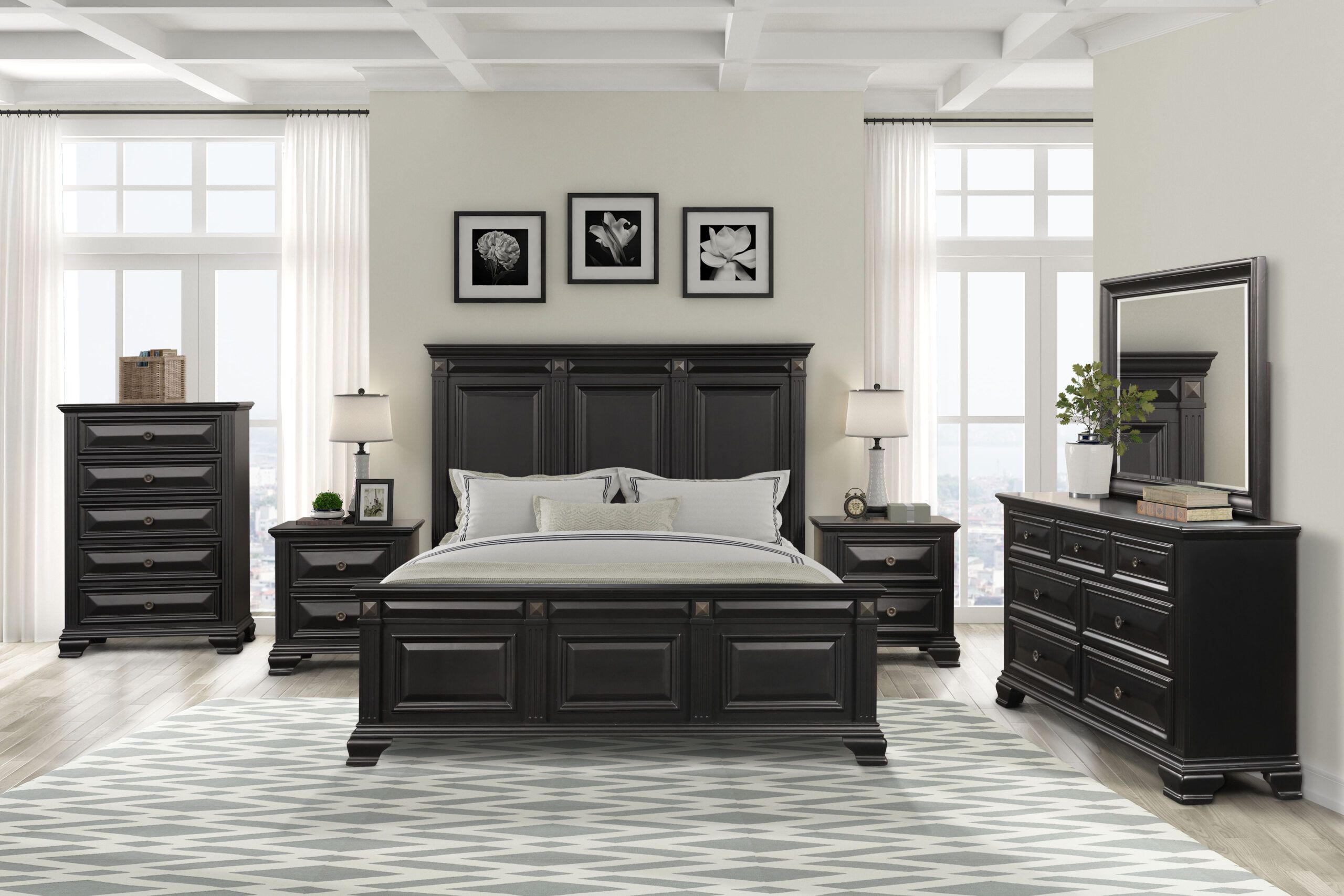 Renova Vintage Black Wood Bedroom Set, King Panel Bed, Dresser, Mirror ... with  Pine