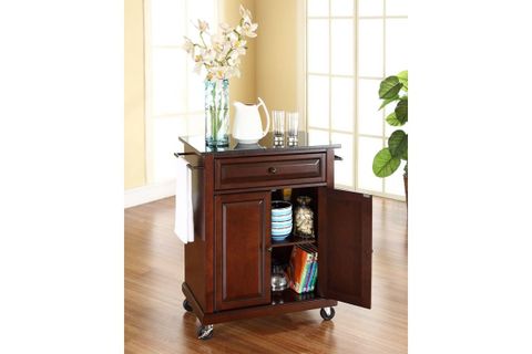Solid Black Granite Top Portable Kitchen Cart/Island In Vintage Mahogany in Catania Modern Black Granite Top Portable Kitchen Island In Mahogany