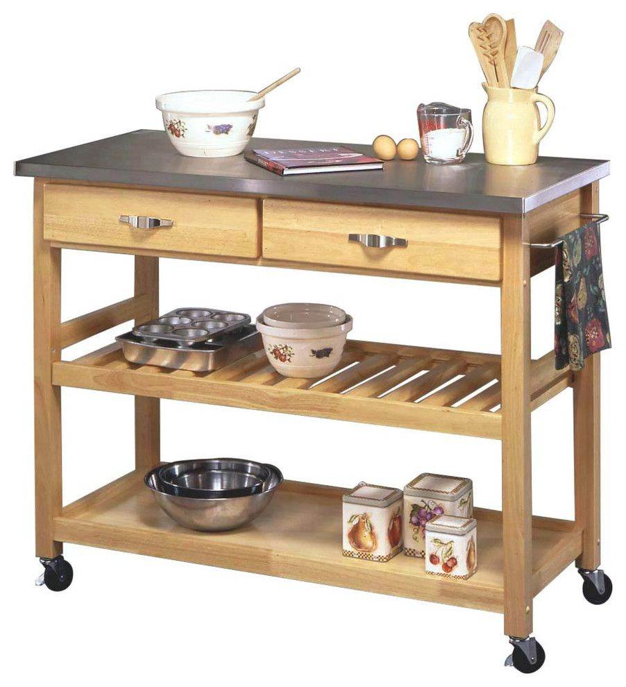 Spacious Kitchen Cart, Adjustable Slatted Shelf &amp; Stainless Steel Top ... for Classic Kitchen Cart, Slatted Shelf &amp; 2 Drawers With Golden Hardware, Light Oak