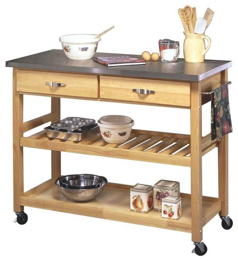 Spacious Kitchen Cart, Adjustable Slatted Shelf & Stainless Steel Top ... for Classic Kitchen Cart, Slatted Shelf & 2 Drawers With Golden Hardware, Light Oak