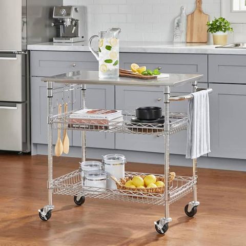 Stainless Steel Top Kitchen Cart inside American Heritage Stainless Steel Top Kitchen Cart In Gray Wood Finish