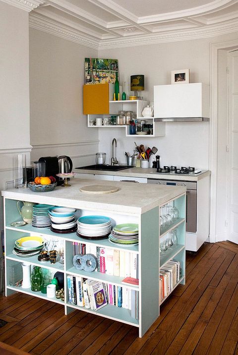Tiny Contemporary Kitchen With Island That Features Open Shelving For ... inside Alameda Kitchen Island With 3 Open Shelves, White/ Pine