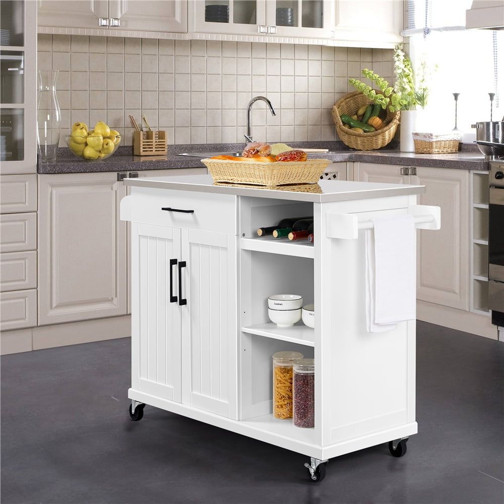 Topeakmart Kitchen Cart With Stainless Steel Top &amp; Storage Kitchen ... intended for Bowery Hill Wood Kitchen Cart With Stainless Steel Top In Off White