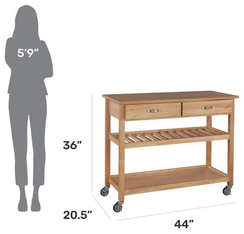 Transitional Kitchen Cart, Hardwood Frame With Slatted Shelf & 2 Drawer ... within Classic Kitchen Cart, Slatted Shelf & 2 Drawers With Golden Hardware, Light Oak