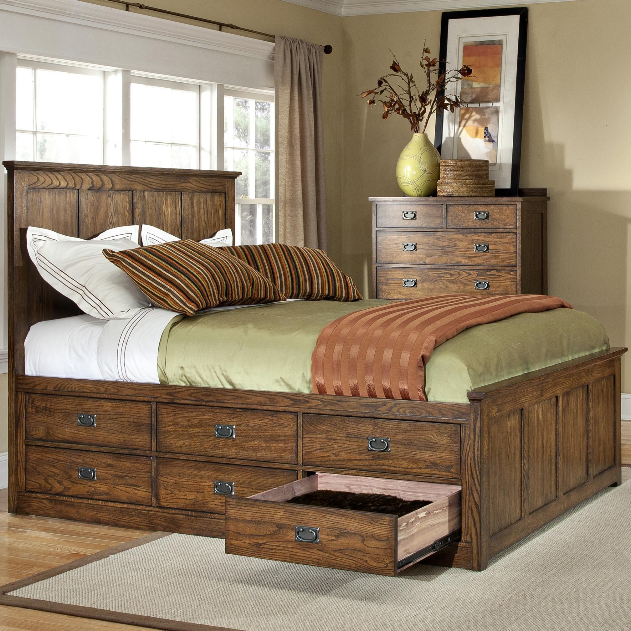 Vfm Signature Oak Park Mission King Panel Bed With Twelve Underbed ... with regard to Larkin Espresso Queen Wood Storage 3 Piece Bedroom Set With Chest &amp; Nightstand