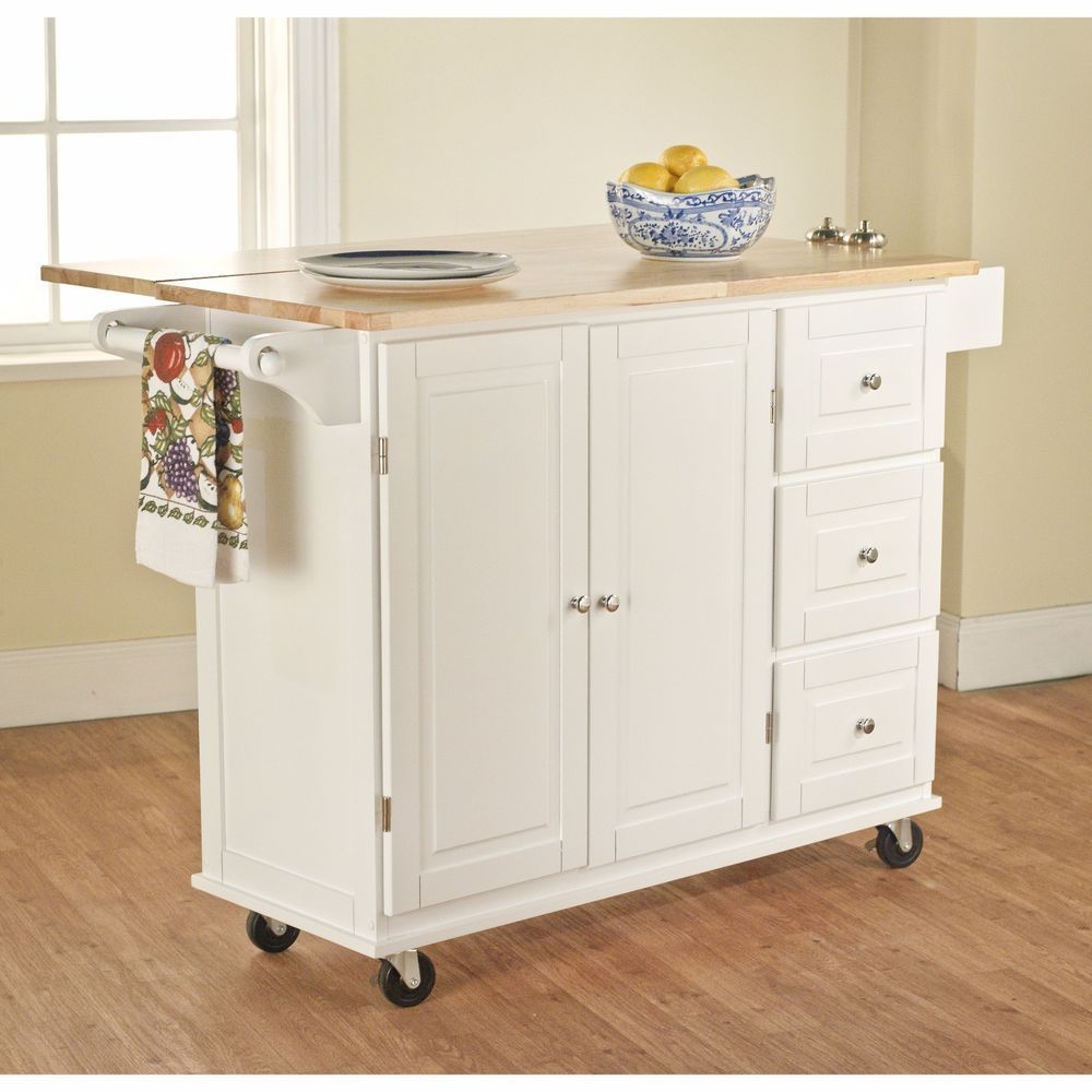 White Kitchen Buffet Serving Cart W Storage Wood Drop Leaf Island Table ... within Chic Kitchen Island Cart With White Frame, Storage Cabinet &amp; Natural Wood Top