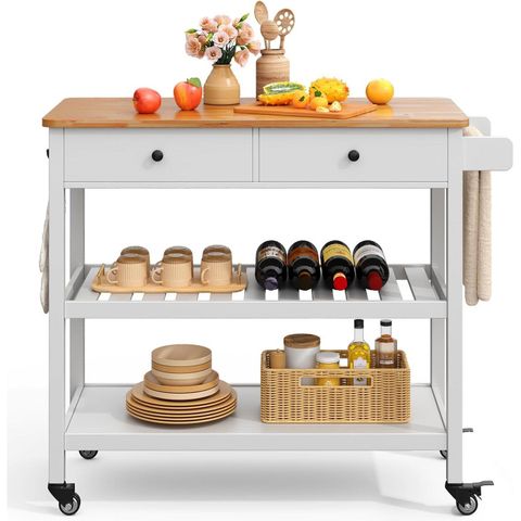White Kitchen Island Cart With 2 Drawers Wood Top And Locking Wheels ... in Is the Columba Kitchen Cart Right for You Assessing Features and Functionality