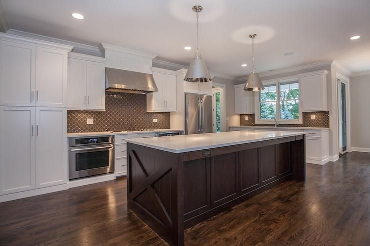 White Kitchen With Dark Brown Island - Transitional - Kitchen regarding Catania 71.5&quot; Wood Kitchen Island In White/Dark Brown Finish