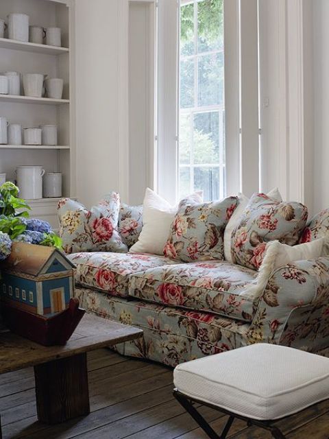 20 Timeless And Chic Floral Print Upholstery Ideas - Shelterness throughout Fabric Upholstered Sofa With 4 Pillows In Gray And Antique White
