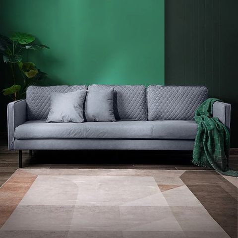 2100Mm Grey Leathaire Fabric Upholstered Sofa 3-Seater With Pillows ... regarding Fabric Upholstered Sofa With 4 Pillows In Gray And Antique White