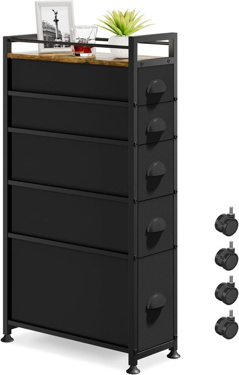 5 Drawer Narrow Dresser Slim Cabinet Skinny Storage Tower Chest, Ideal ... within 18" Black Manufactured Wood Five Drawer Narrow Dresser