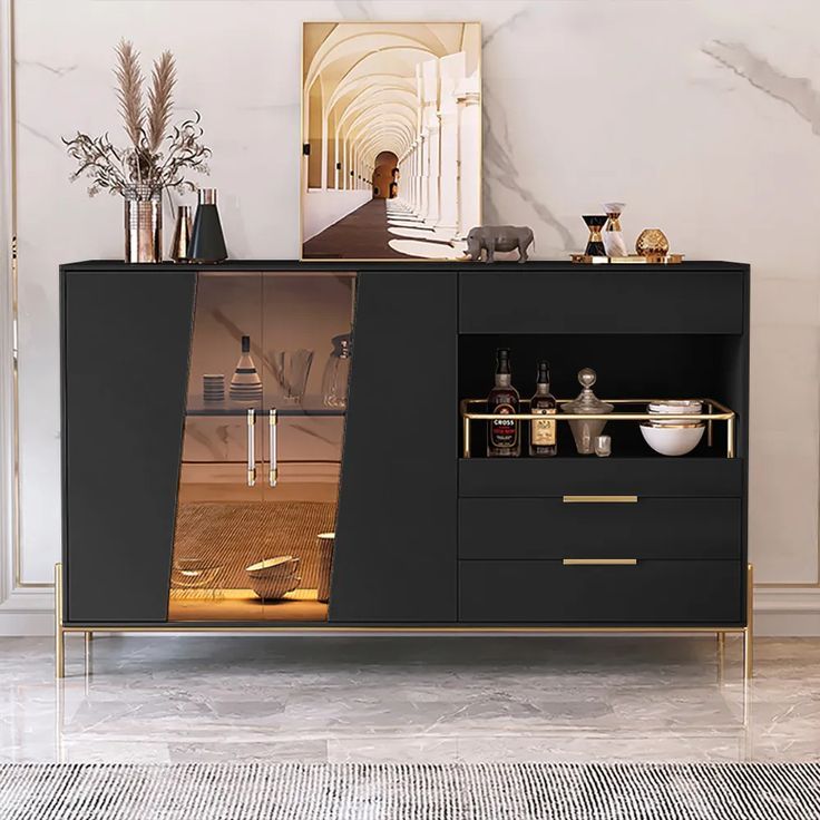 55.1&quot; Black Buffet With Tempered Glass Doors And Storage Shelves ... pertaining to The 57&amp;quot;W Black Sideboard An Exploration of Materials and Craftsmanship