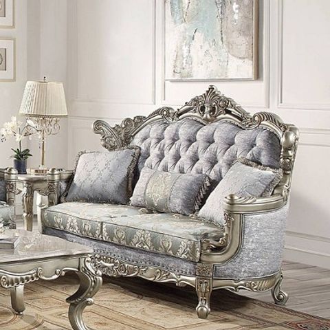 73" Miliani Sofa Fabric And Antique Bronze Finish - Acme Furniture ... within Acme Furniture Miliani Tufted Fabric & Wood Sofa With 5 Pillows In Gray/Bronze