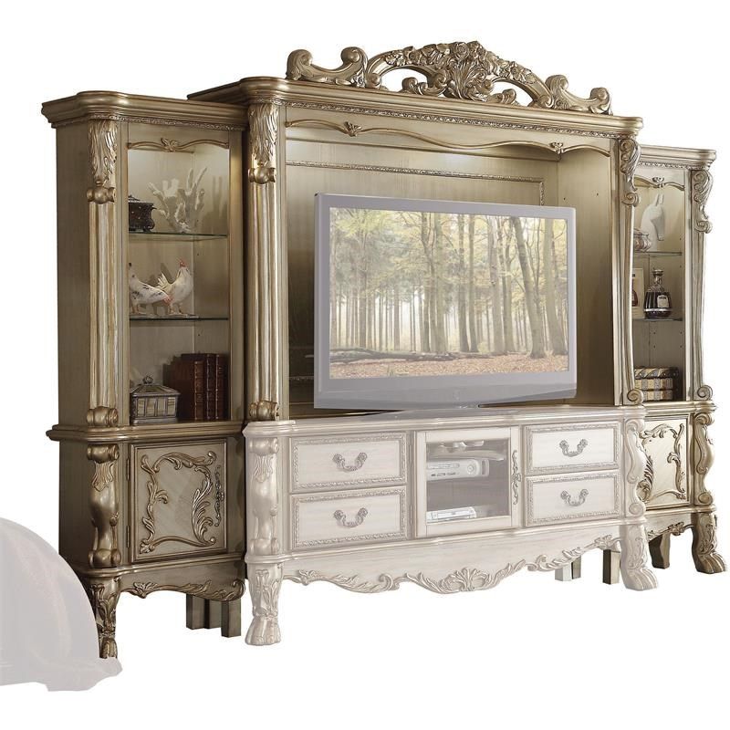 Acme Dresden Entertainment Center In Gold Patina &amp;Amp; Bone | Homesquare throughout From Concept to Living Room: The Story Behind the ACME Dresden Entertainment Center&amp;#039;s Unique Appeal