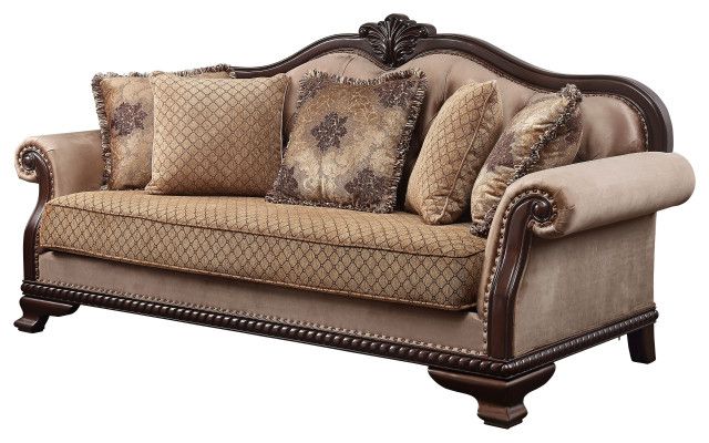 Acme Fabric And Espresso Sofa With 5 Pillows 58265 - Traditional ... pertaining to Acme Furniture Miliani Tufted Fabric &amp; Wood Sofa With 5 Pillows In Gray/Bronze