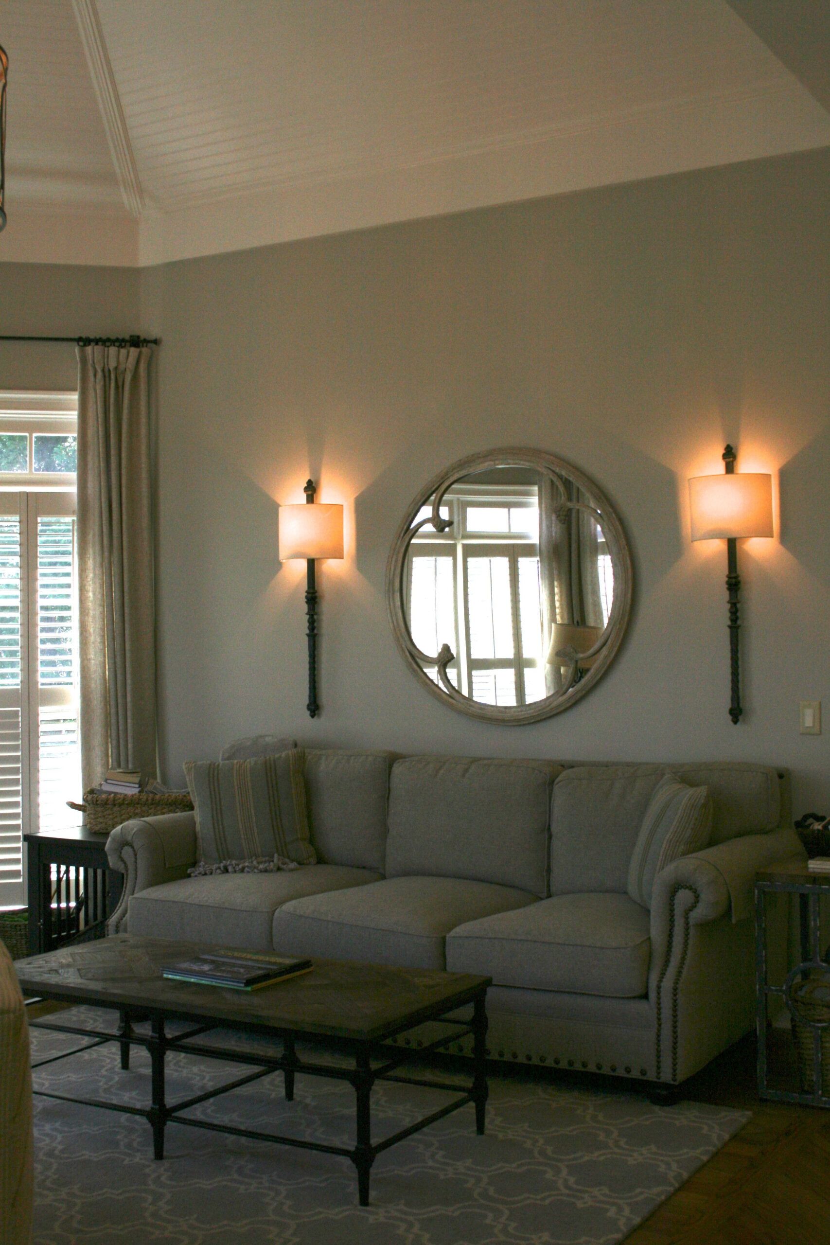 After~Ballard Designs Wall Sconces &amp; Arhaus Mirror Over New Nailhead ... regarding The Ultimate Guide to Wiring Sconces Above Your Sofa