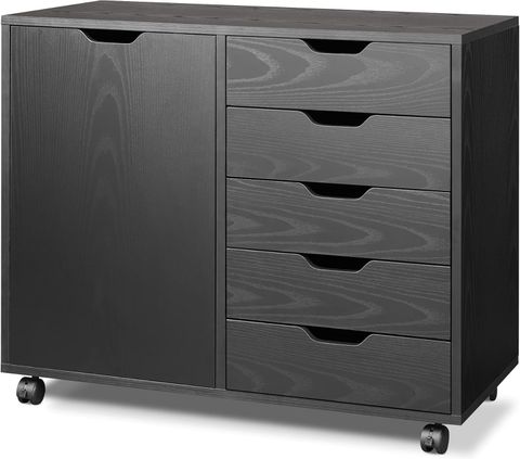 Amazon.com: Devaise 5-Drawer Wood Dresser Chest With Door, Mobile ... regarding 18" Black Manufactured Wood Five Drawer Narrow Dresser