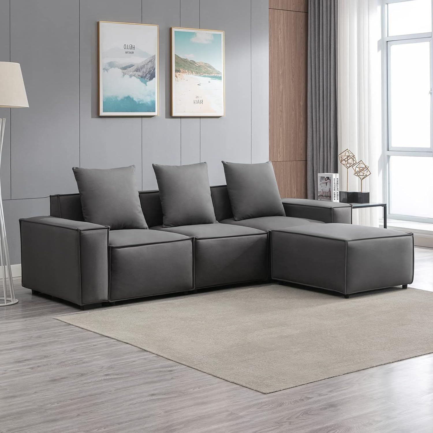 Amazon.com: Mixoy 105&quot; L-Shaped Convertible Modular Sectional Sofa ... in Fabric Upholstered Sofa With 4 Pillows In Gray And Antique White