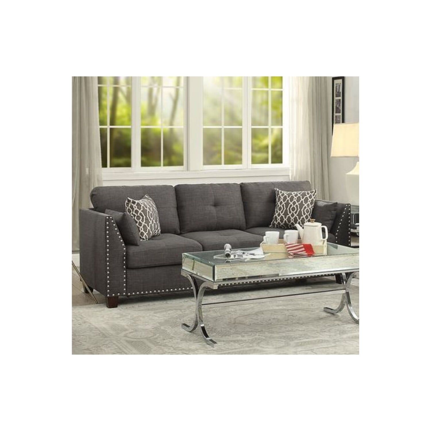 Benzara Transitional Style Wood And Linen Tufted Back Sofa With 4 ... regarding Acme Furniture Miliani Tufted Fabric &amp; Wood Sofa With 5 Pillows In Gray/Bronze