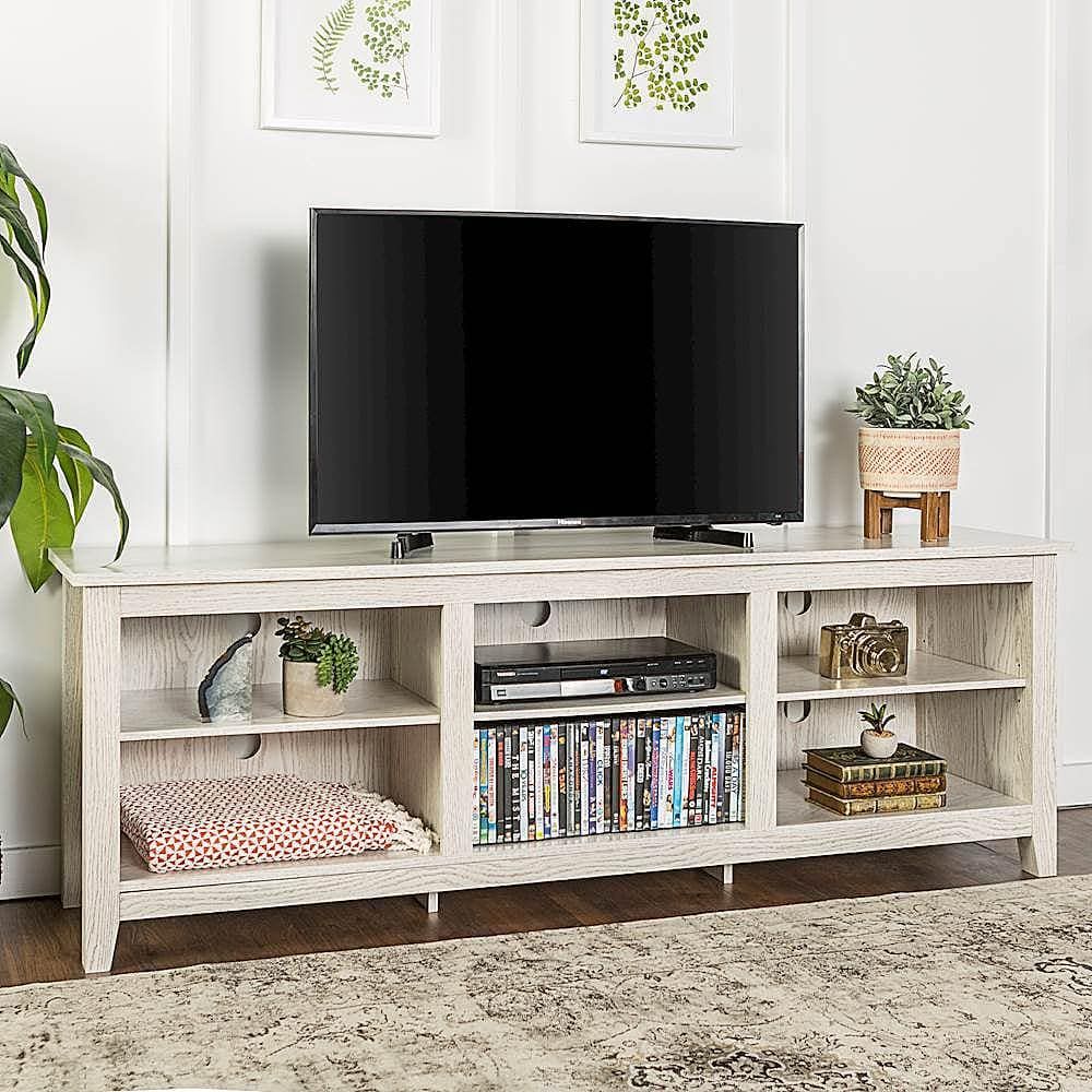 Best Buy: Walker Edison Modern 70&amp;Quot; Open 6 Cubby Storage Tv Stand For Tvs Up To 80&amp;Quot; White Wash ... pertaining to The Art of Ambiance How LED Displays Enhance Your Fireplace TV Stand