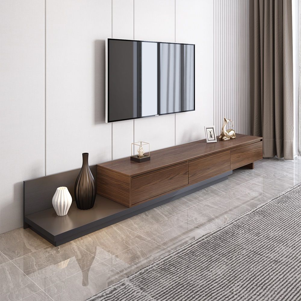 Fero Minimalist Retracted &amp;Amp; Extendable 3 Drawers Tv Stand In Walnut ... with regard to Maximizing Space and Style The Alton 3-Drawer TV Stand Solution