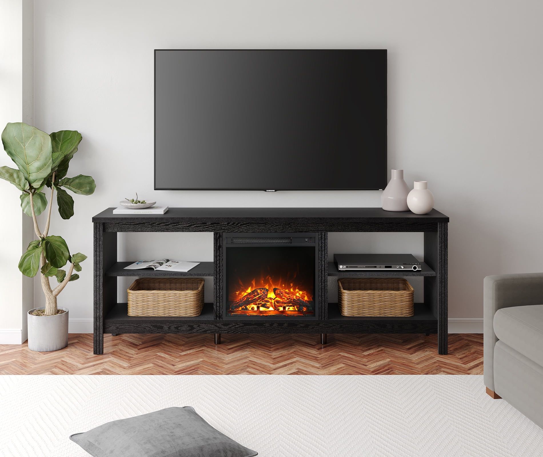 Fireplace Tv Stand For 75 Inch, Black Wood Entertainment Center For 80 ... intended for 70&quot; Fireplace Tv Stand With Led Display, Entertainment Center For Tvs Up To 80&quot;, Black
