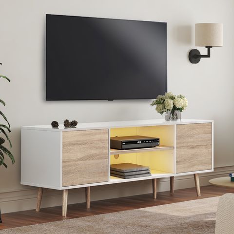 Free Shipping! Mid Century Modern Tv Stand For 60 Inch Flact Screen ... for 4 Doors Wooden Tv Stand With Square Knobs Handles, White