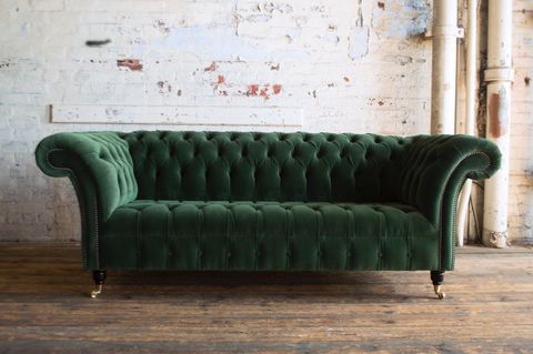 Handmade 3 Seater Bottle Green Velvet Fabric Chesterfield Sofa Style ... in
