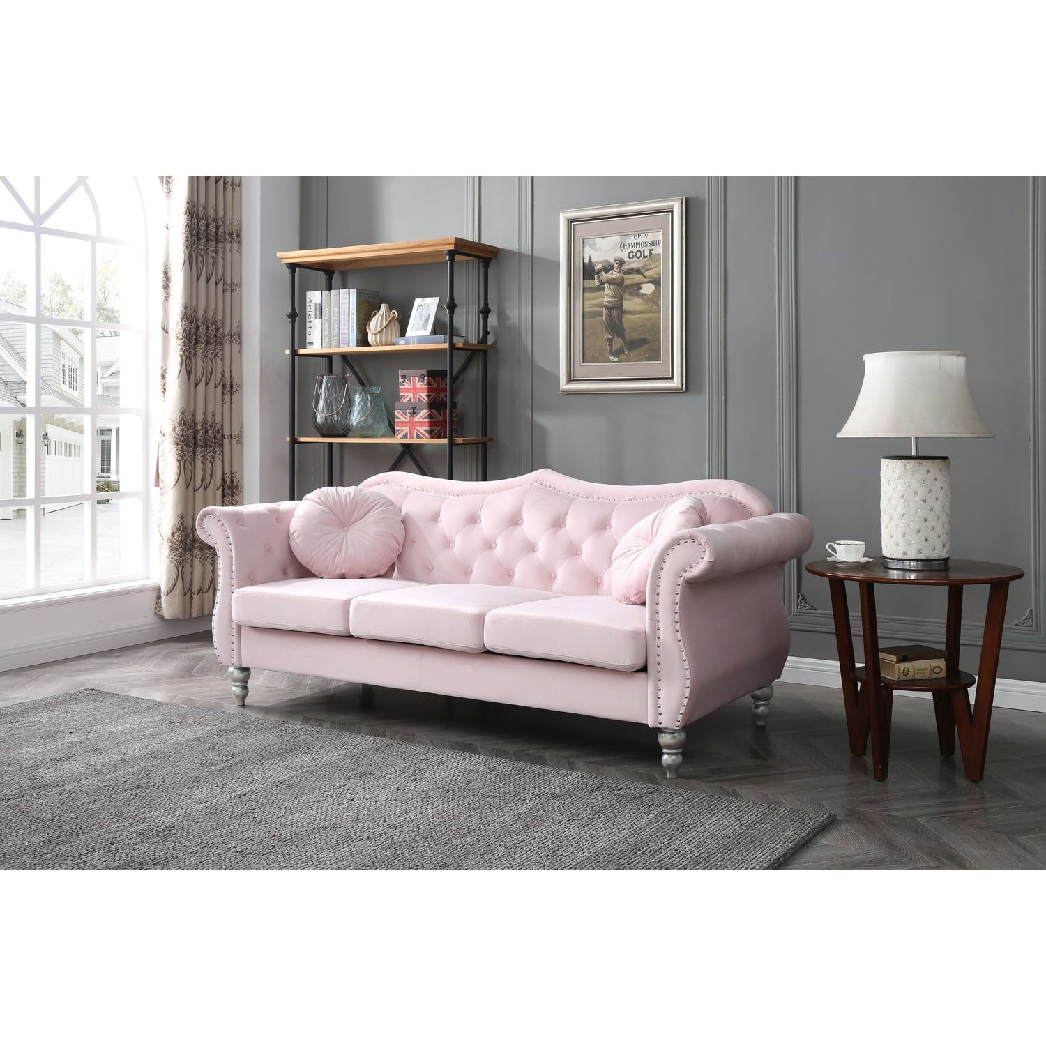Homestock Upholstered Tufted Pink Sofa With Antique Appeal - Walmart.com for The Enduring Appeal of the Tufted Sofa Then and Now