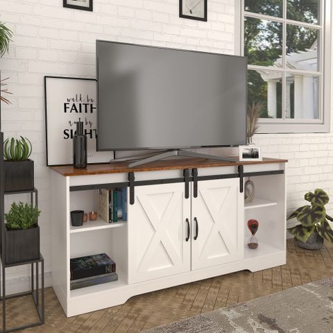 Joysource Farmhouse Tv Stand Wood Sliding Barn Doors Entertainment ... pertaining to 4 Doors Wooden Tv Stand With Square Knobs Handles, White