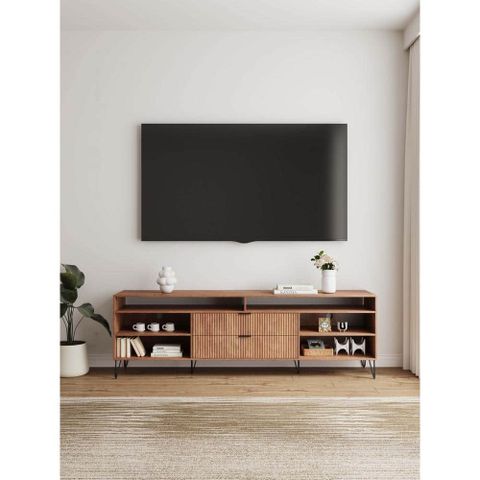 Manhattan Comfort Dumbo 85 In. Golden Brown Mid-Century Modern Tv Stand ... with regard to From Assembly to Aesthetic Mastering the Manhattan Comfort DUMBO TV Stand