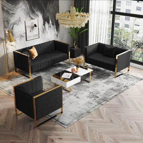 Manhattan Comfort Trillium 2-Piece Black And Gold Velvet Sofa And ... in