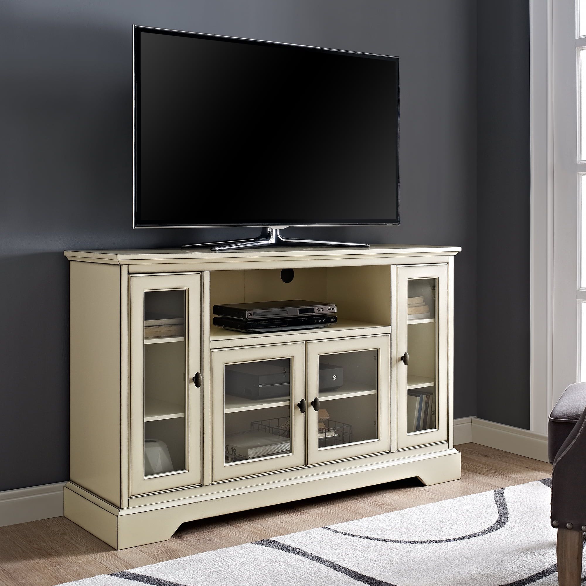 Manor Park Transitional Highboy Glass Door Antique Wood Tv Stand ... with 4 Doors Wooden Tv Stand With Square Knobs Handles, White
