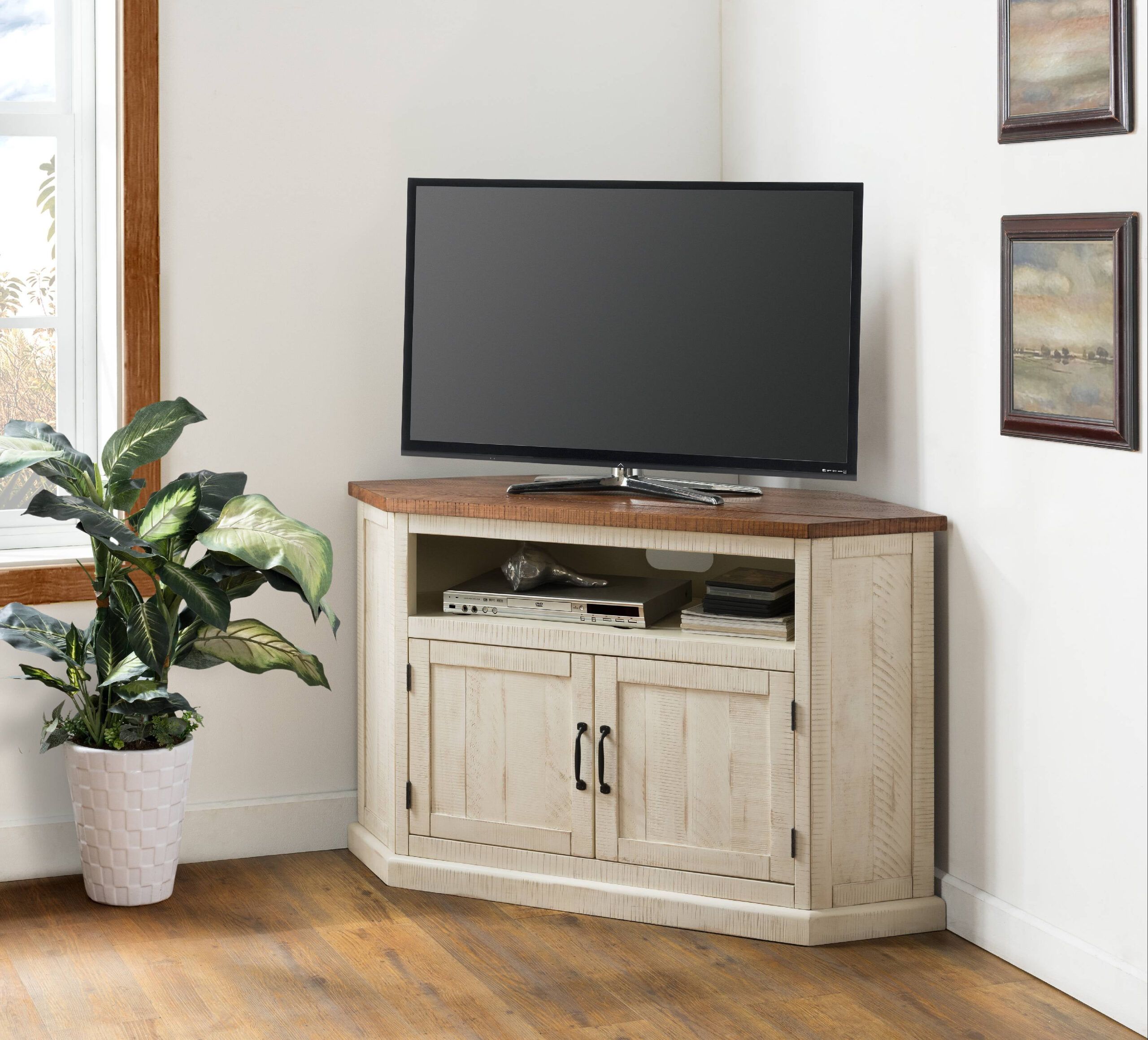 Martin Svensson Home Rustic Corner Tv Stand, Antique White And Honey ... intended for 4 Doors Wooden Tv Stand With Square Knobs Handles, White