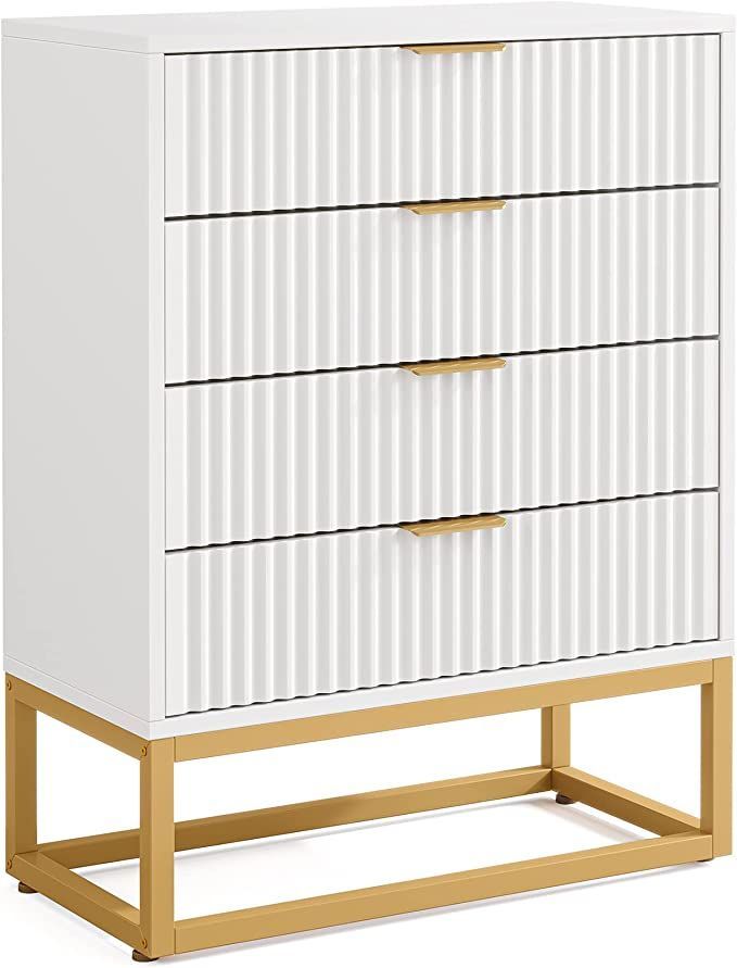 Modern White Gold Dresser With Fluted Panel - 4 Drawers with regard to