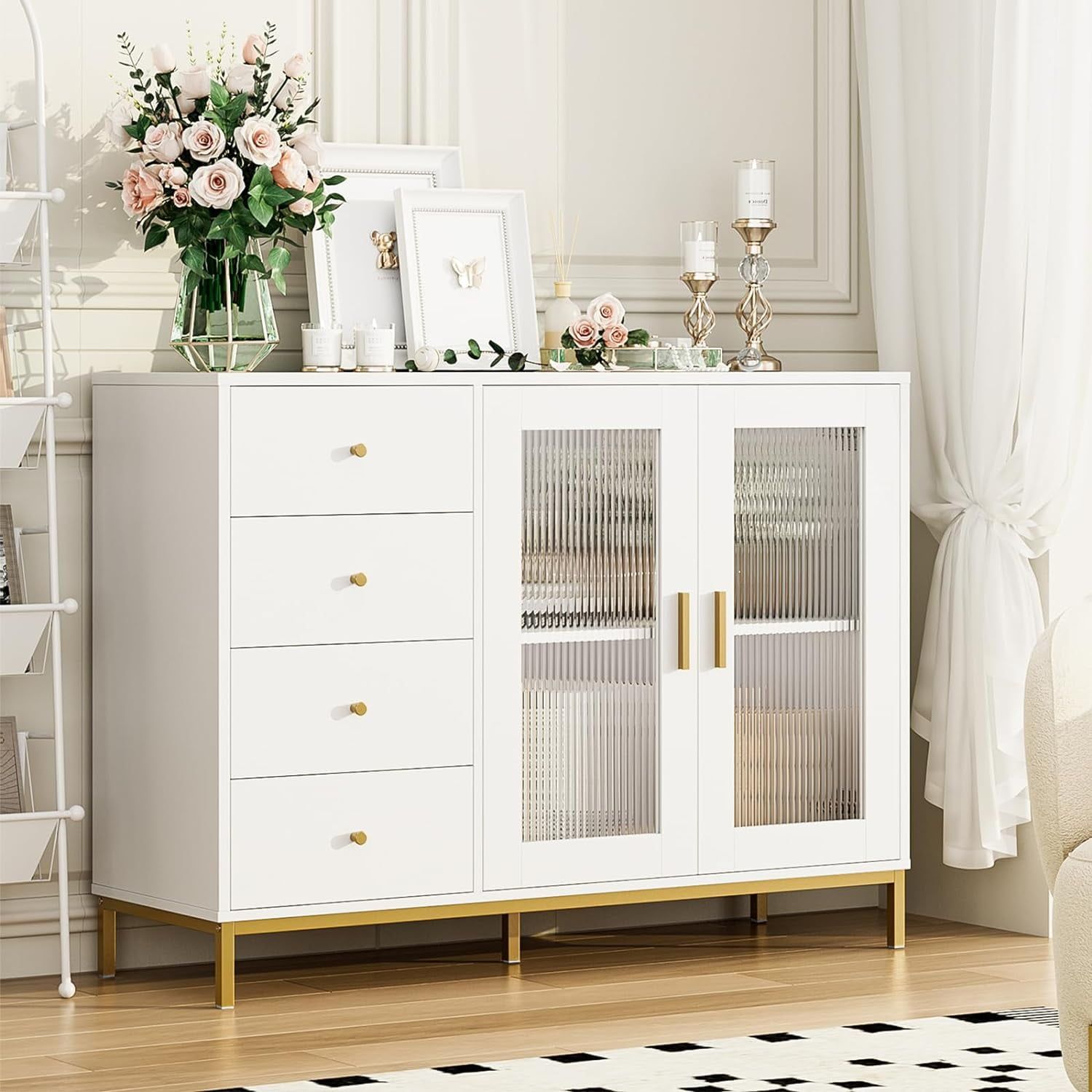 Mqlifeboom White Dresser 47.2&quot; White Gold Dresser With Fluted Glass ... pertaining to