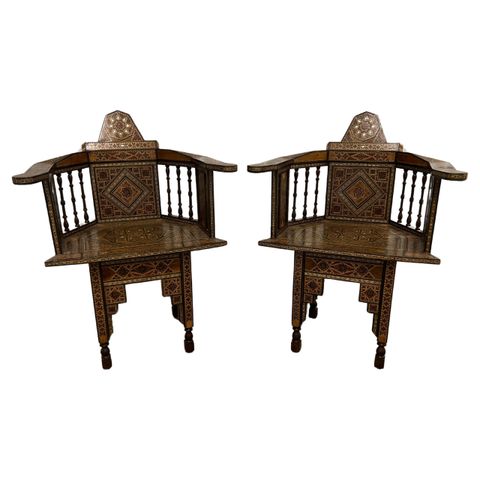 Pair Of Mid-Century Syrian Armchairs With Mother Of Pearl Inlay, Circa ... intended for The Artistry and Legacy of Ebony and Mother of Pearl Furniture