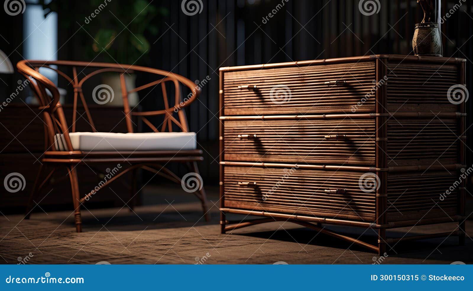 Realistic 3D Rendering Of Brown Rattan Furniture With Exotic Cabincore ... in The Art of Organization How a Bedroom Chest Enhances Your Life