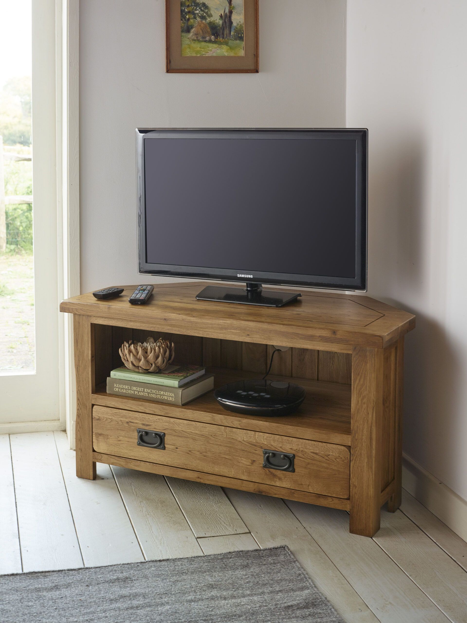 Rustic Corner Tv Unit In Solid Oak | Oak Furnitureland | Corner Tv ... throughout From Clutter to Calm How a Corner TV Console Transforms a Room