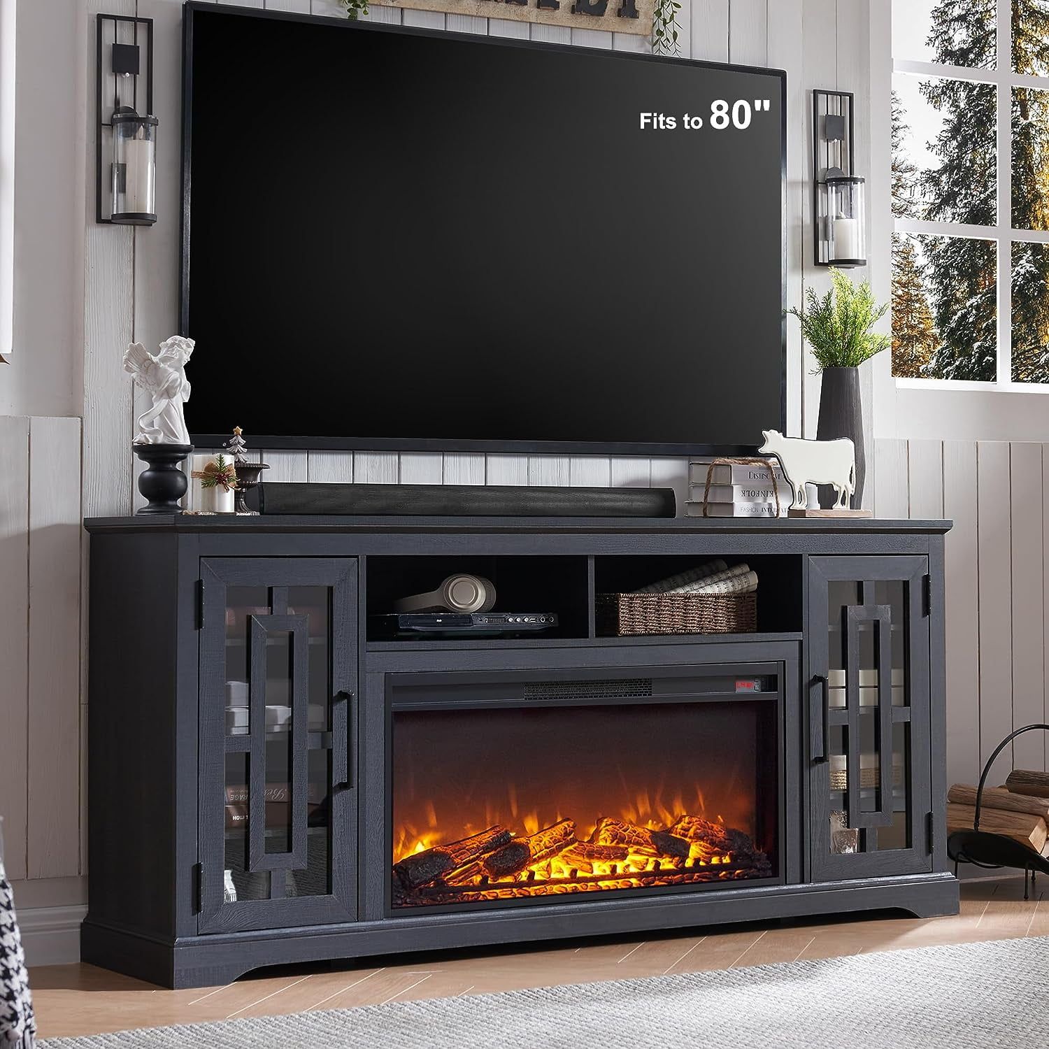 &quot;T4Tream 70&quot;&quot; Highboy Fireplace Tv Stand, Farmhouse Entertainment ... in The Ultimate Guide to Setting Up Your 80-Inch TV on a Black Entertainment Center