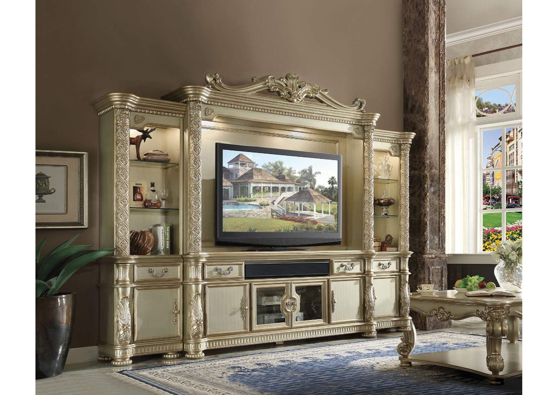 Vendome Ii Gold Patina/Bone Entertainment Center Dimensional Furniture ... intended for From Concept to Living Room: The Story Behind the ACME Dresden Entertainment Center&amp;#039;s Unique Appeal