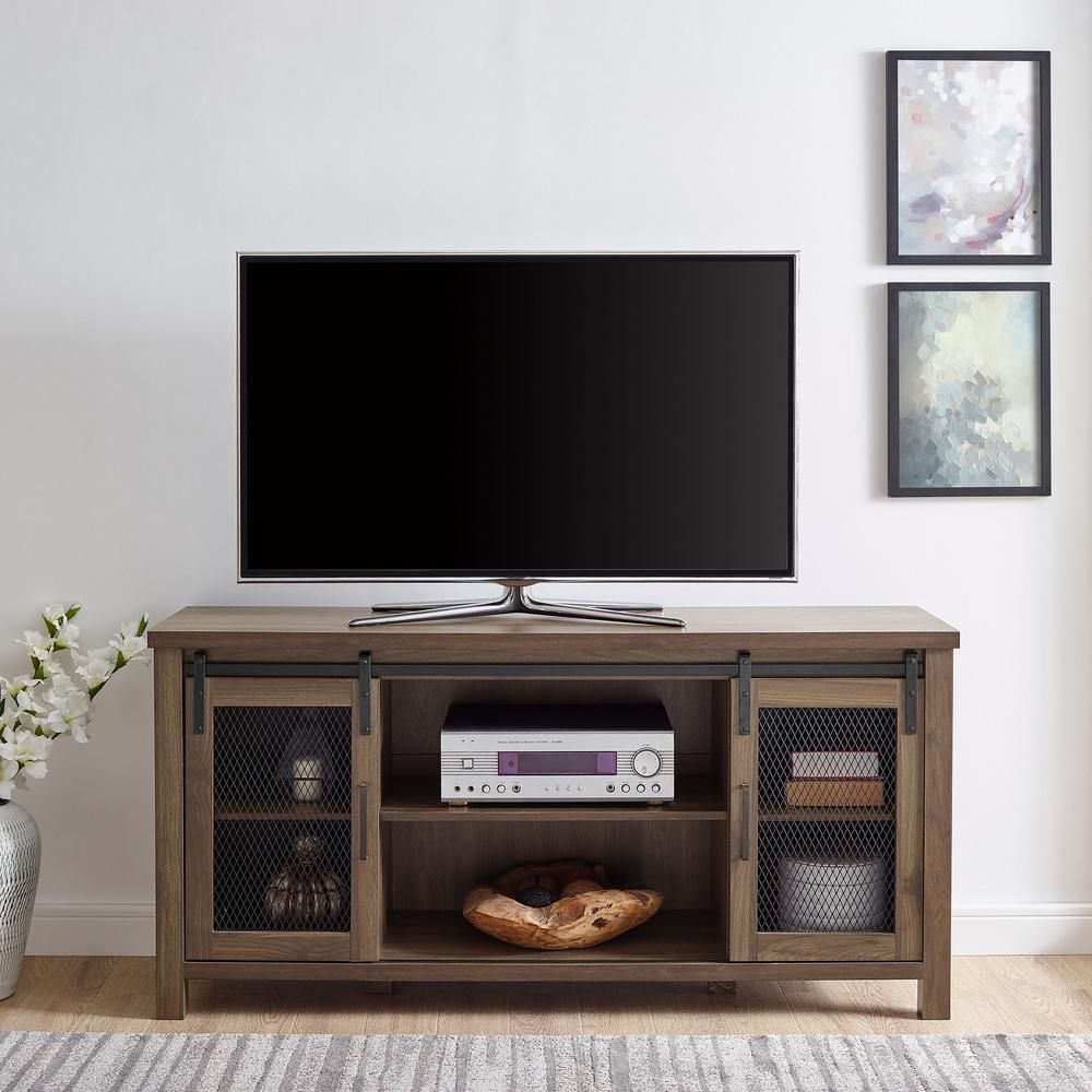 Walker Edison Furniture Company 58 In. Dark Walnut Sliding Mesh Door ... pertaining to Choosing the Right Industrial 58&quot; TV Stand for Your Living Room