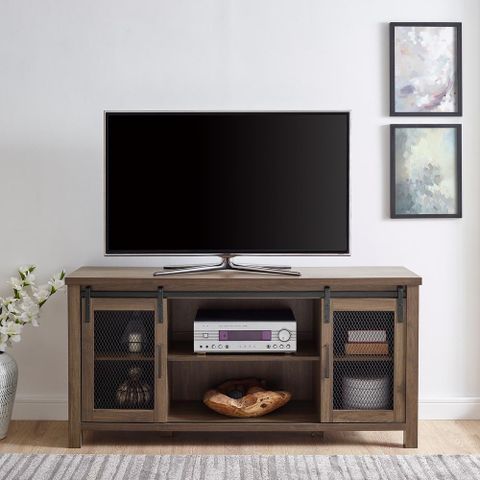 Walker Edison Furniture Company 58 In. Dark Walnut Sliding Mesh Door ... pertaining to Choosing the Right Industrial 58" TV Stand for Your Living Room