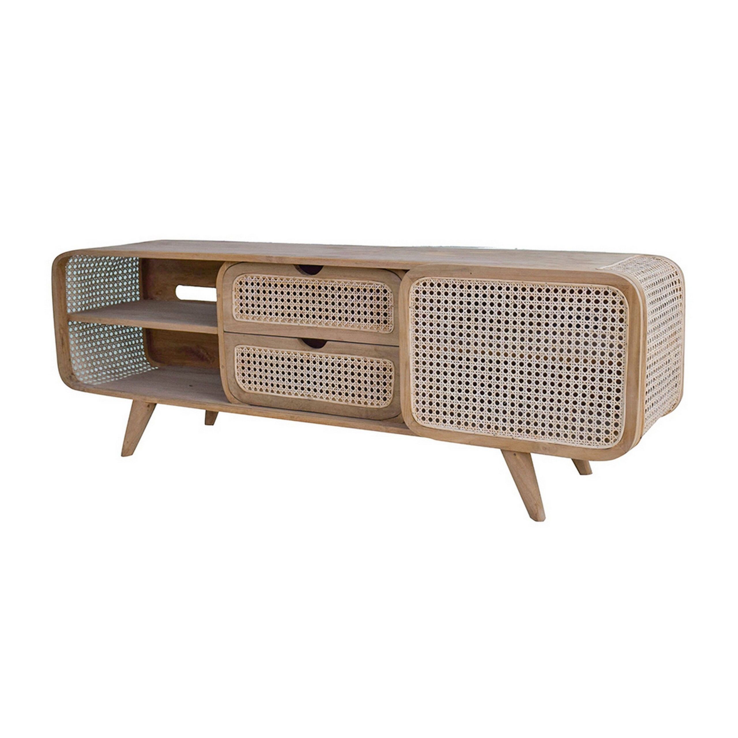 59 Inch Tv Entertainment Console, Sliding Doors, Teak Wood, Rattan ... pertaining to Bringing Warmth and Style Home with a Rectangular Teak TV Unit