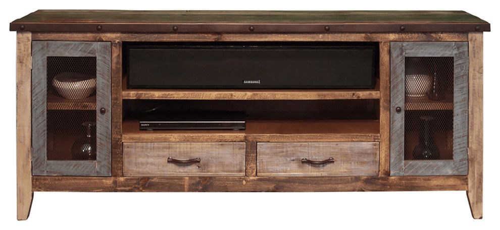 76&quot; Brown Solid Wood Cabinet Enclosed Storage Distressed Tv Stand ... intended for