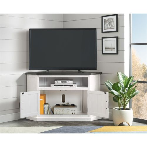Bowery Hill Rustic Corner 50&quot; Wood Tv Stand In White Stand With Grey ... within Antique White Elegance Finding the Right TV Stand with Bowery Hill