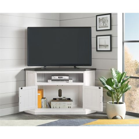Bowery Hill Rustic Corner 50" Wood Tv Stand In White Stand With Grey ... within Antique White Elegance Finding the Right TV Stand with Bowery Hill